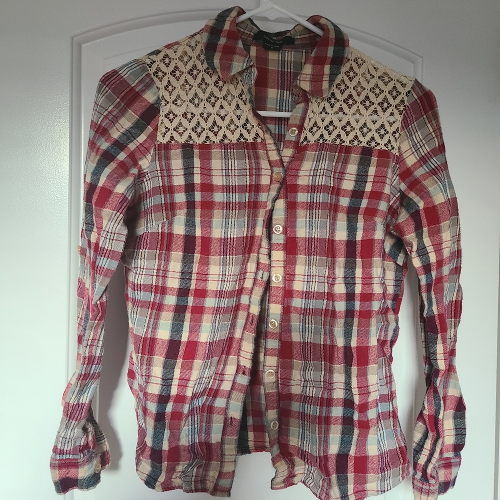 Flannel plaid button down w/ lace